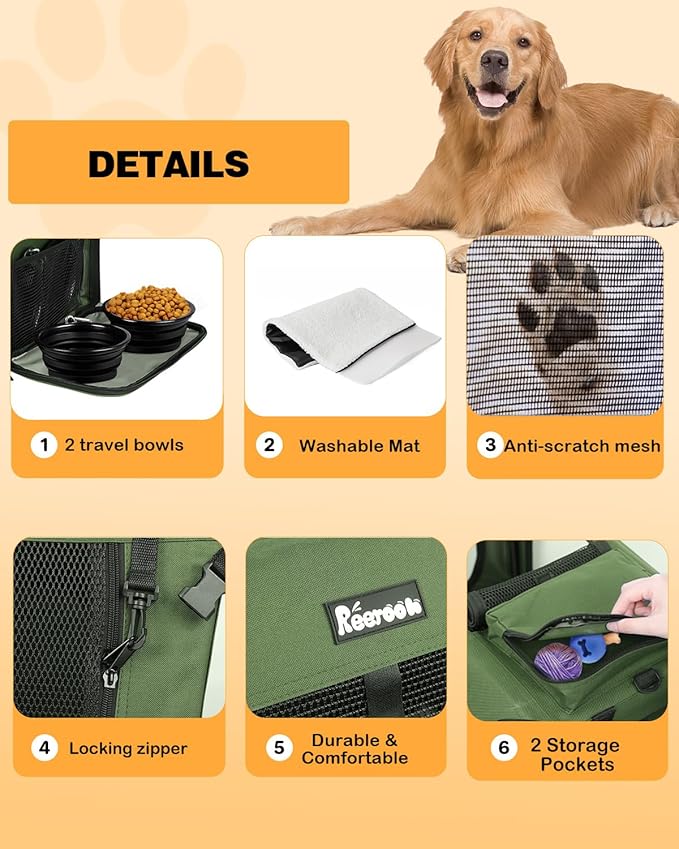 Extra Large Dog Crate with 2 Foldable Bowl, 40 Inch Collapsible Travel Dog Crate Kennel with Soft Blanket for Medium Dogs,Indoor & Outdoor (40" L x 27" W x 27" H, Green)