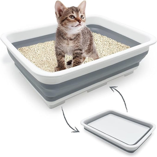 Fhiny Open Cat Litter Box, Kitten Potty Pan Semi-Enclosed Foldable Waterproof Travel Toilet for Indoor Cats Small Pet Kitty Rabbit Supplies Easy to Clean and Assemble 14.6"×10.6"
