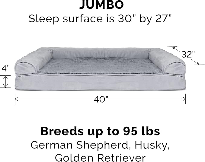 Furhaven Orthopedic Dog Bed for Large Dogs w/ Removable Bolsters & Washable Cover, For Dogs Up to 95 lbs - Plush & Suede Sofa - Gray, Jumbo/XL