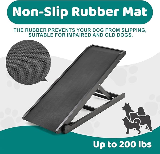Dog Ramp for Bed, Adjustable Pet Ramps for Dog to Get on Bed, Non-Slip Rubber Surface - Folding Wooden Dog Ramp for Small/Large/Old Dogs, Adjustable up to 19.5 inch High Beds