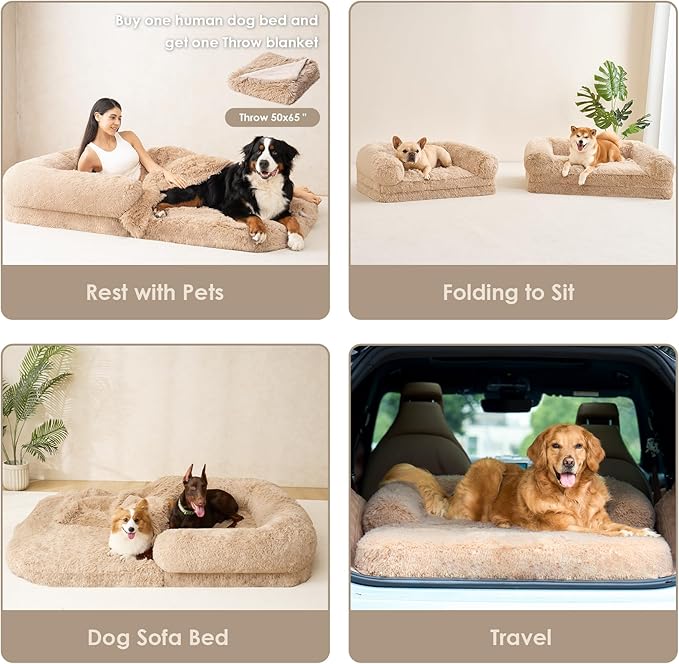EHEYCIGA Foldable XL Dog Bed, Faux Fur Fluffy Pet Couch Bed for Large Dogs, Orthopedic Calming Memory Foam Big Pet Bed, Washable Soft Pet Sofa Bed with Non-Slip Bottom, Camel, 46"x34"x6.5"