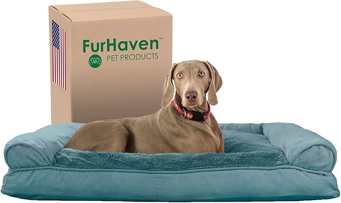 Furhaven Pillow Dog Bed for Large Dogs w/ Removable Bolsters & Washable Cover - Plush & Suede Sofa - Deep Pool, Jumbo/XL