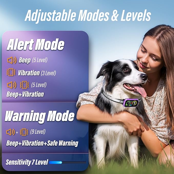 Dog Bark Collar, Smart Barking Collar with 4 Modes, 7 Adjustable Sensitivity for Barking Howling Whining, Automatic Anti Barking Device for Large Medium Small Dogs IP67 Waterproof for Indoor & Outdoor