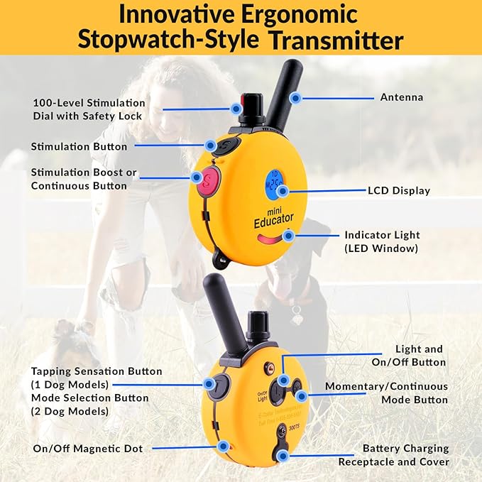 Educator E-Collar Humane Dog Training Collar with Remote, 100 Safe Tapping Stimulation Levels, Night Light, Waterproof, Rechargeable, 1/2 Mile 2 Small-Medium Dogs, Yellow