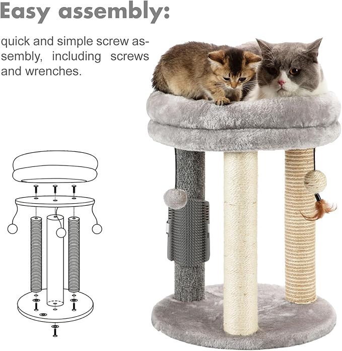 MECOOL 4in1 Small Cat Tree,Scratching Post with Tower Soft Bed, Sisal Carpet Jute Posts with Three Hanging Ball Toys and Massage Brush for Indoor Cats and Kittens