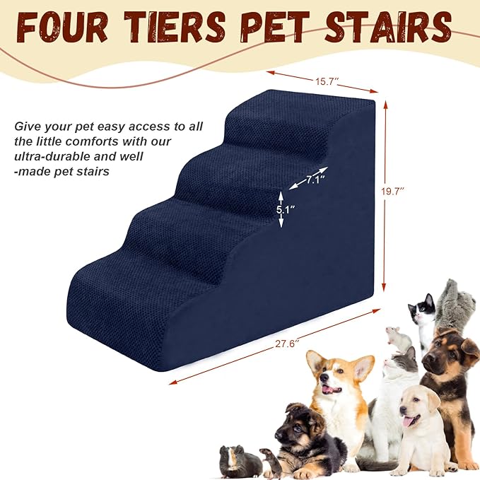Dog Stairs for Small Dogs - High Density Foam Pet Steps, Extra Wide Dog Ramp with Non-Slip Bottom for High Beds, Couch and Sofa, Best for Dogs Injured, Older Doggy Cats, 4 Steps, Navy