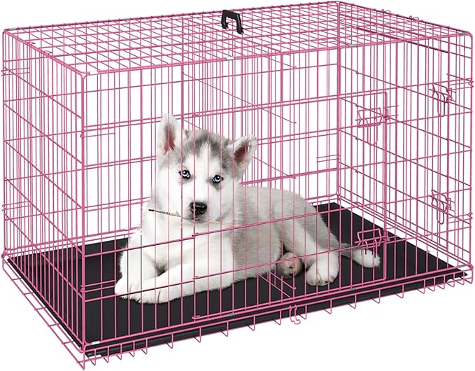 FDW Dog Crate for Small Dogs 24 Inch Folding Metal WirePet Cage Double Door W/Divider Panel Indoor Outdoor Kennel Leak-Proof Plastic Tray,Pink