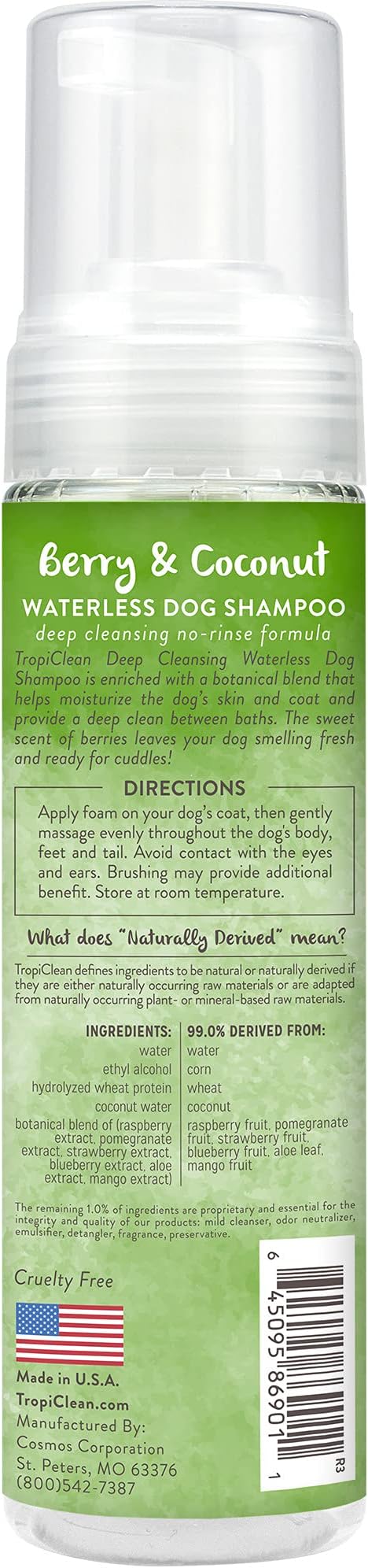 TropiClean No Rinse Waterless Dog Shampoo | Detangling and Deodorizing Dry Shampoo for Smelly Pets | Moisturizes Dry Skin | USA Made | Berry Scent | 7.4oz