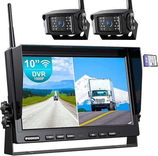Fookoo 1080P 10" Wireless Backup Camera System, 10" Dual/Quad Split Monitor with Recording, IP69 Waterproof Rear/Front View Cameras, Parking Lines for RV/Truck/Trailer/Van(DW102)
