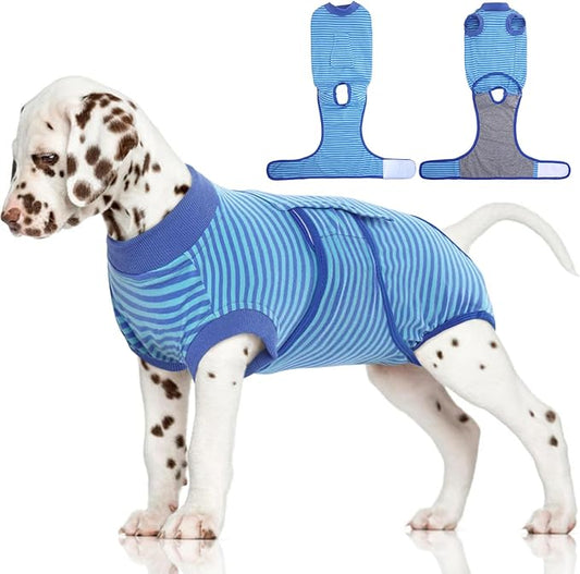 FUAMEY Recovery Suit for Dogs After Surgery,Soft Breathable Dog Bodysuit E-Collar & Cone Alternative Surgical Suit,Male Female Dog Neuter Spay Suits Anti Licking Wounds Onesie Navy Blue Strips XS