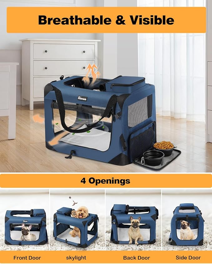 Extra Large Dog Crate with 2 Foldable Bowl, 36 Inch Collapsible Travel Dog Crate Kennel with Soft Blanket for Medium Dogs,Indoor & Outdoor (36" L x 25" W x 25" H, Navy)