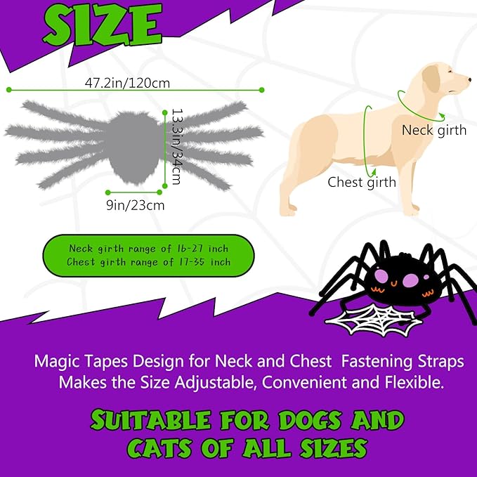 Dog Halloween Costumes, Furry Dog Spider Costume with 64 LED, Giant Spider Halloween Costume for Medium Large Dogs, Funny Dogs Costumes for Cat Pet Halloween Party Cosplay (Green)