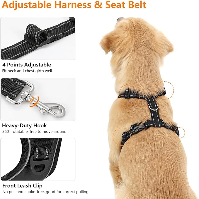 Dog Seat Belt Harness for Car, Dog Car Harness Adjustable Mesh Breathable & Dogs Seatbelt Safety Tether with Elastic Bungee for Small Medium Large Pets(Carbon Black, M)