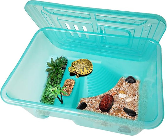 Fhiny Turtle Tank with Lid, Plastic Reptile Terrarium Turtle Breeding Box with Basking Platform Tortoise Aquarium for Crayfish Hermit Crabs Geckos Lizards Habitat Prevent Escaping (Medium)