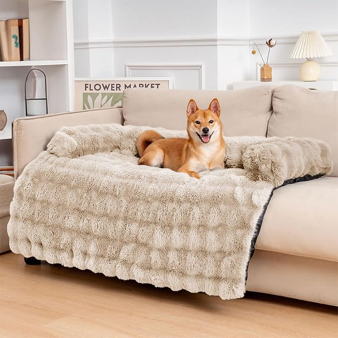 FUNNY FUZZY Pet Fluffy Plush Calming Dog Couch Bed Sofa Protector Washable Pets Mat for Large Medium Small Dogs and Cats (Coffee,47.24 × 37.4 × 6.3 in)
