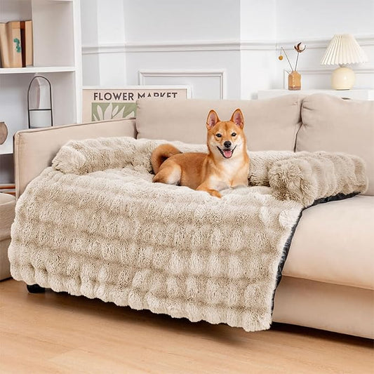 FUNNY FUZZY Pet Fluffy Plush Calming Dog Couch Bed Sofa Protector Washable Pets Mat for Large Medium Small Dogs and Cats (Coffee,47.24 × 37.4 × 6.3 in)