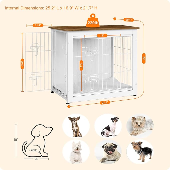 DWANTON Dog Crate Furniture with Cushion, Wooden Kennel Table with Double Doors, Indoor Dog House, Small/Medium/Large Size, 27.2" L, White+Warm Brown