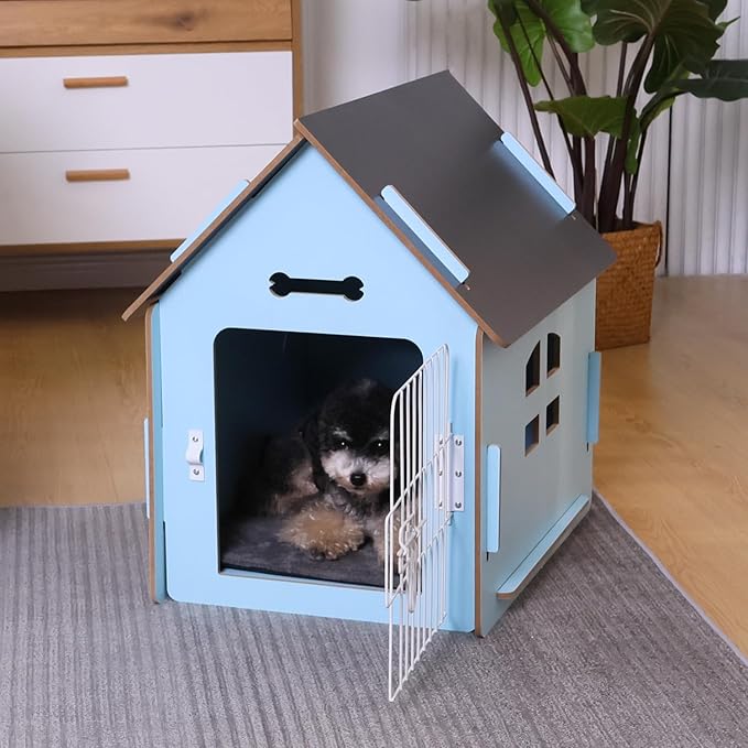 Dog House Indoor for Small Dogs or Cats, Cozy Wooden Design, Small Indoor Bed House, with Air Vents and Elevated Floor Warm Dog Cave (Large Blue)