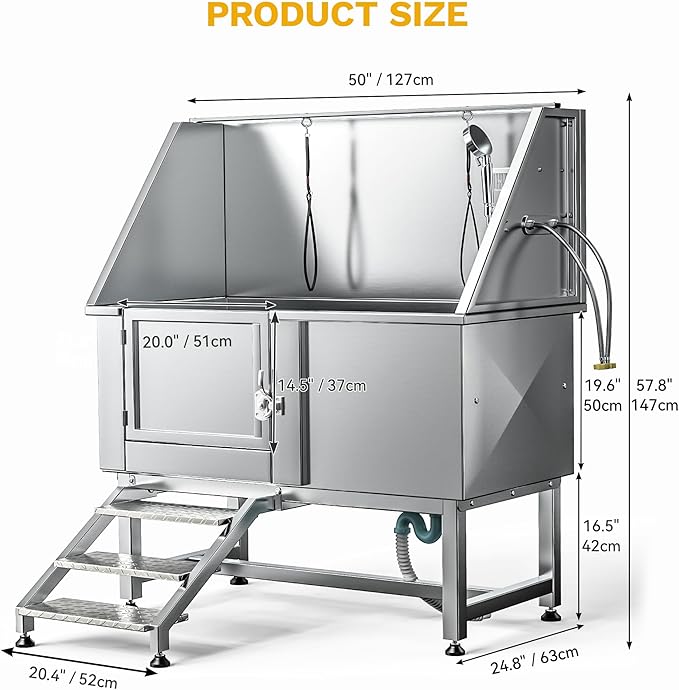 DWVO Professional Pet Dog Bathing Station for Grooming, 50'' Dog Grooming Bathtub with Left Stairs, Floor Grate, Faucet, Showerhead & Soap Holder for Large, Medium & Small Pets