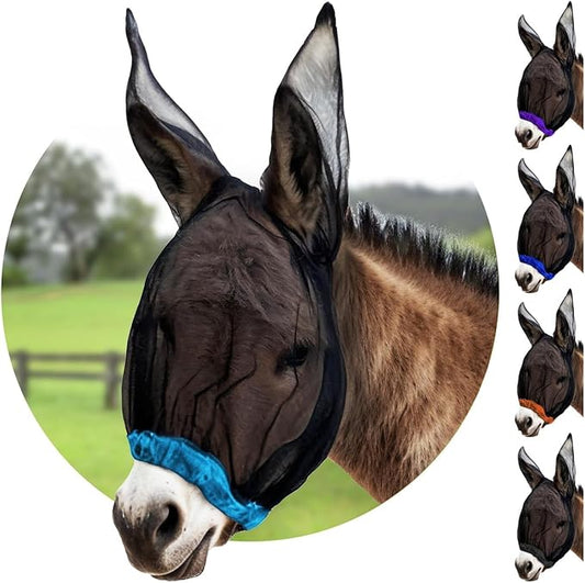 Donkey Fly Mask with Long Ears (Aqua) Made in USA - Mule Fly Mask with Ears Protection from Insects and Bugs, Mini Donkey Soft Mesh Fabric with Adjustable Fastener, Face Cover Supplies for Donkeys