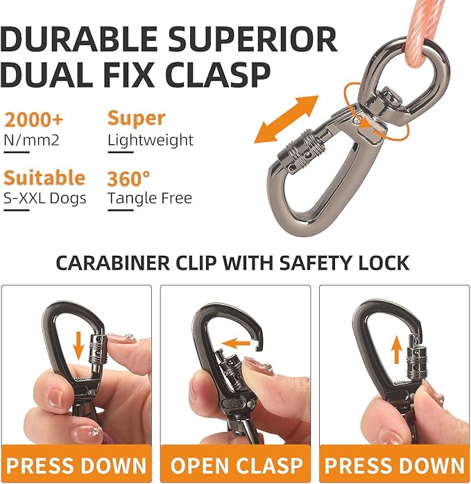 Dog tie Out Cable, 10/20/25/30/50/70/100 feet, Suitable for Dogs up to 350 pounds, Dog Cable with Swivel Buckle, Lightweight, Non-Winding, for Outdoor Camping, Yard Dog Cable (Orange, 30FT)