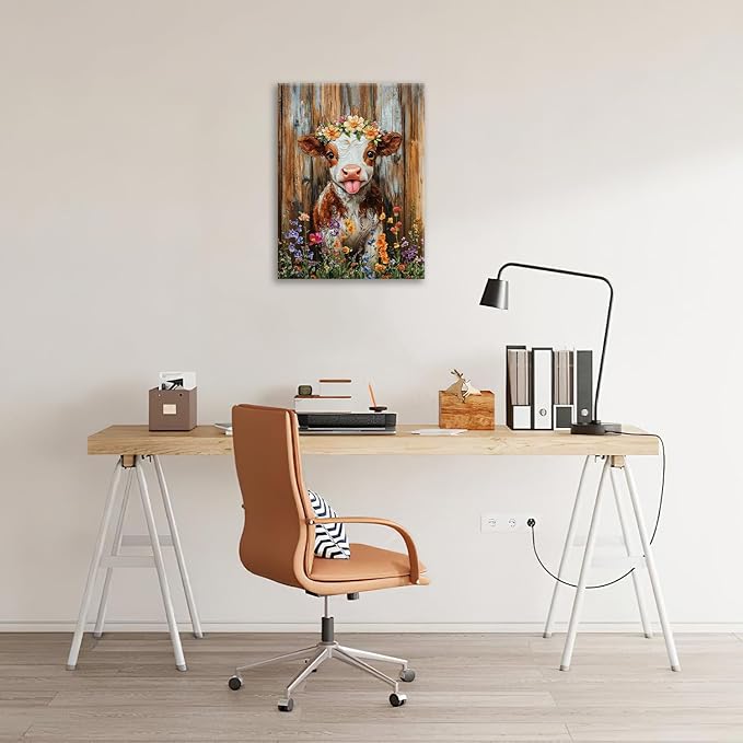 Funny Cow Bathroom Pictures Wall Art, Rustic Brown Cute Cow Bathroom Wall Decor, Farmhouse Floral Framed Painting Animal Flower Canvas Artwork for Bedroom Living Room Decorations 16"L x 12"W
