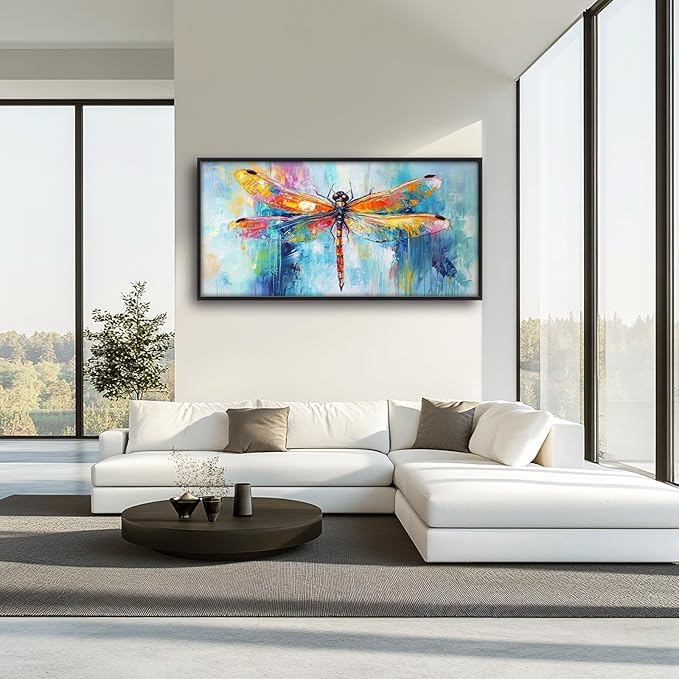 Extra Large Abstract Dragonfly Framed Wall Art for Living Room,Oversized Colorful Dragonfly Pictures Wall Decor,Teal Canvas Print Painting Modern Artwork Bedroom Office Bathroom 60L" x 30W"
