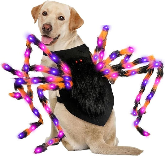 Dog Halloween Costumes, Furry Dog Spider Costume with 64 LED, Giant Spider Halloween Costume for Medium Large Dogs, Funny Costumes for Cat Pet Halloween Party Cosplay (Orange)