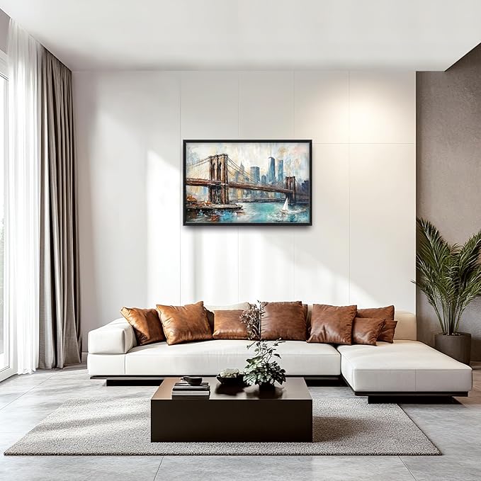 Extra Large Framed Brooklyn Bridge Wall Art,New York City Wall Decor,Abstract Skyline Cityscape Pictures for Living Room,Canvas Print Painting Modern Artwork Bedroom Office Bathroom 36L x24W