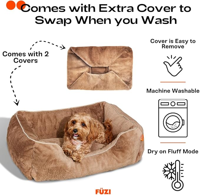 FUZI Luxury Dog Bed with Extra Cover for Small Dogs, Washable Pet Couch, Pet Bed with Sides, Non-Slip Bottom, Soft & Durable Calming Dog Bed, Faux Rabbit Fur, Small 25.1x16.75x9.5 Light Brown