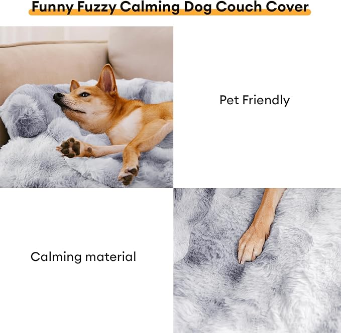 FUNNY FUZZY Pet Fluffy Plush Calming Dog Couch Bed Sofa Protector Washable Pets Mat for Large Medium Small Dogs and Cats (Tie-dye Grey,47.24 × 37.4 × 6.3 in)