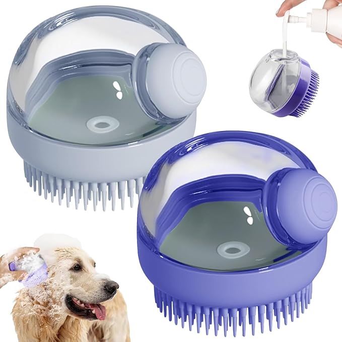 Dog Bath Scrubber Brush, 2 PCS Pet Dog Grooming Massage Shampoo Bath Brush with Soap and Shampoo Dispenser Soft Silicone Bristle for Long Short Haired Dogs Cats Shower