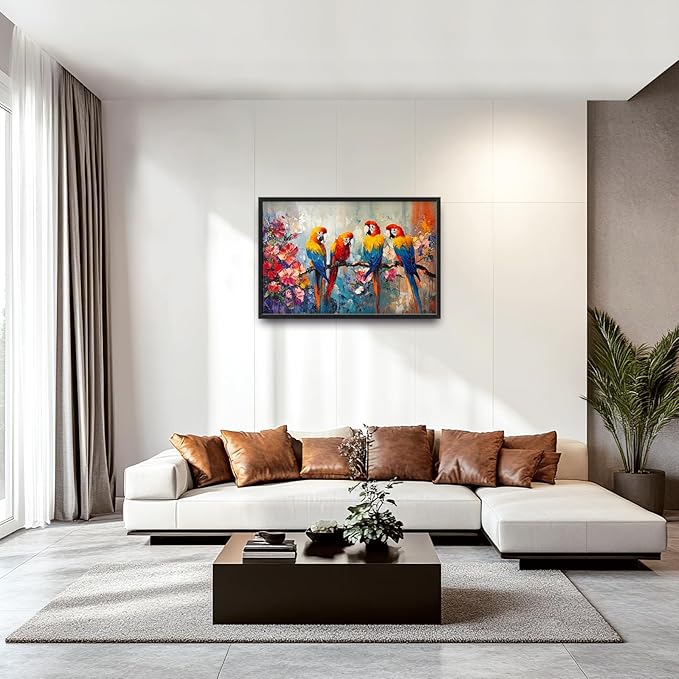 Extra Large Framed Parrot Bird Wall Art,Oversized Abstract Colorful Parrots Flower Wall Decor Pictures for Living Room,Canvas Print Painting Modern Artwork Bedroom Office Bathroom Home Decor 36L x24W