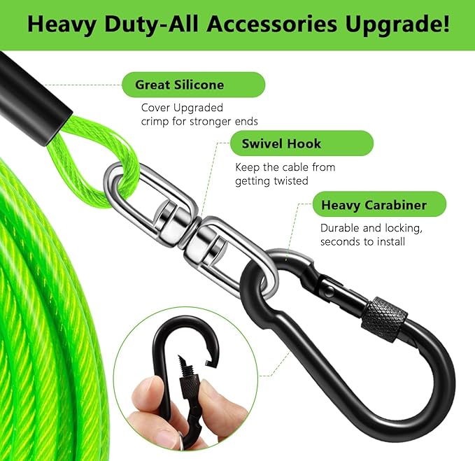Dog Tie Out Cable 20FT-500Lbs,Heavy Duty Dog Leads&Tether for Yard with Swivel Hook,Small Large Dogs Leash Line for Outside,Rust Chew Proof Dogs Run Cable for Outdoor Camping (Green, 20FT)