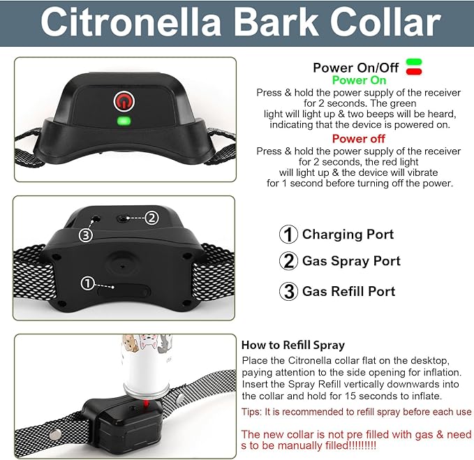 Citronella Training Collar for Dog [2* Bark Collar & 1*Spray Refill] with Beep/Vibration/Spray 4 Mode & 6 Adjustable Sensitivities Spray Dog Collar, IPX7 Waterproof for L/M/S Citronella Bark Collar