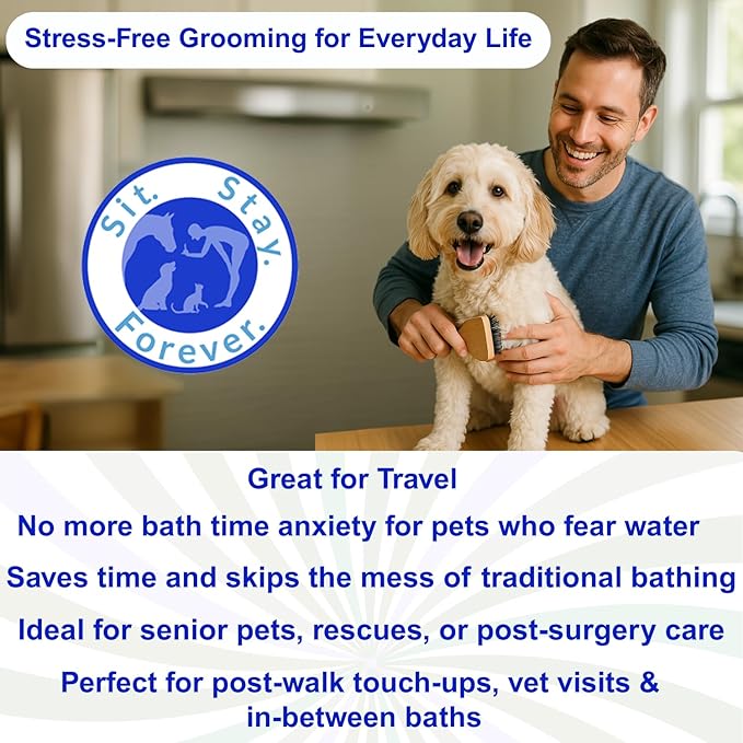 Sit. Stay. Forever. Dry Shampoo for Dogs & Cats – Organic Dry Bath Powder, Talco para Perros, Hypoallergenic, Odor Control for Smelly Dogs, No-Rinse, Anti-Itch, Safe & Natural, Made in The USA, 7 oz