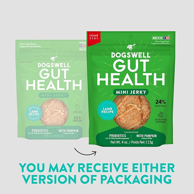 DOGSWELL Gut Health Mini Jerky Functional Dog Treats, Lamb 4 oz. Bag
