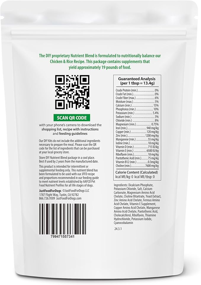 JustFoodForDogs DIY Nutrient Blend for Homemade Dog Food, Chicken & White Rice