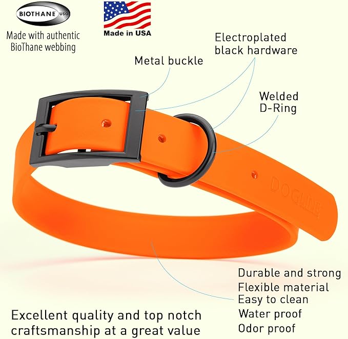 Dogline Biothane Waterproof Dog Collar Strong Coated Nylon Webbing with Black Hardware Odor- Proof for Easy Care Easy to Clean High Performance Fits Small Medium or Large Dogs, Hunter Orange