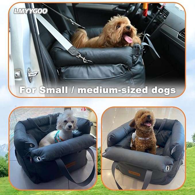 Dog Car Seat for Dogs, Waterproof 3 in 1 Soft Leather Dog Car Bed with Harness Clip, Travel Bed & Carrier Bag for Pets, Fits Pets Up to 35 lbs (Navy Blue)