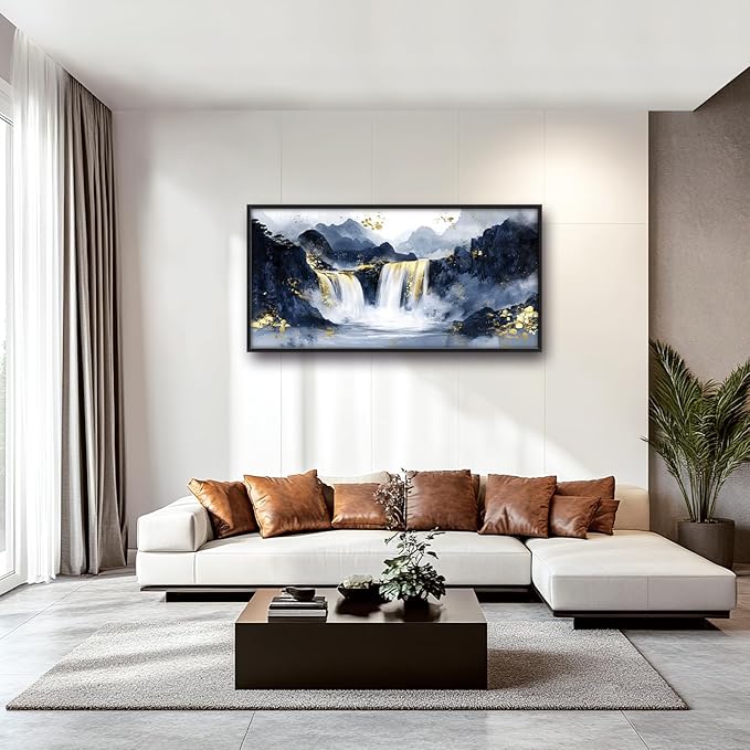 Extra Large Abstract Golden Waterfall Framed Wall Art for Living Room,Oversized Foggy Mountain Pictures Wall Decor,Canvas Print Painting Modern Artwork Bedroom Office Bathroom 60L" x 30W"