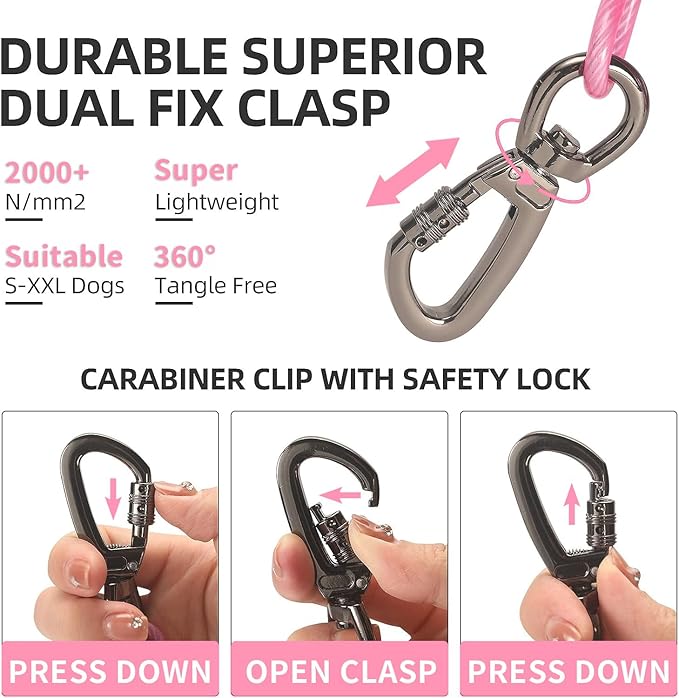 Dog tie Out Cable, 10/20/25/30/50/70/100 feet, Suitable for Dogs up to 350 pounds, Dog Cable with Swivel Buckle, Lightweight, Non-Winding, for Outdoor Camping, Yard Dog Cable (Pink, 50FT)