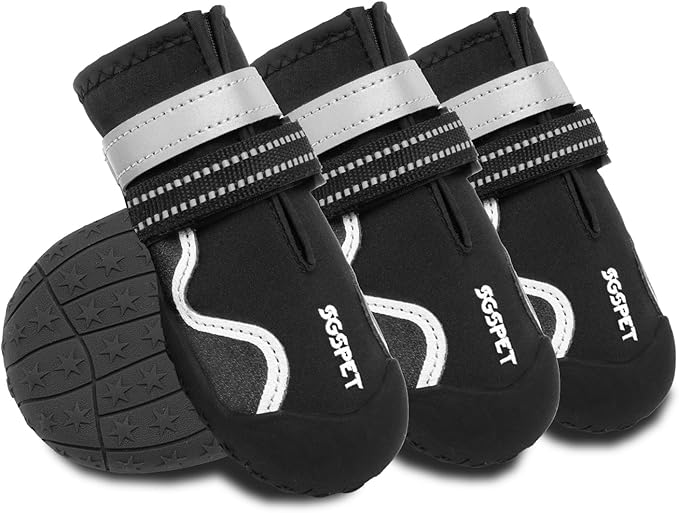 Dog Shoes, Waterproof Dog Boots & Paw Protectors with Anti-Slip Sole, 4pcs/Set Pet Dog Booties, Reflective Dog Shoes for Small Medium Large, Winter Snowy Summer Hot Pavement (Black, 7# (XL))