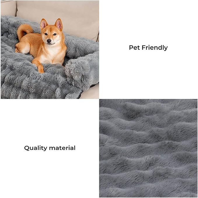 FUNNY FUZZY Pet Fluffy Plush Calming Dog Couch Bed Sofa Protector Washable Pets Mat for Large Medium Small Dogs and Cats (Grey,47.24 × 37.4 × 6.3 in)