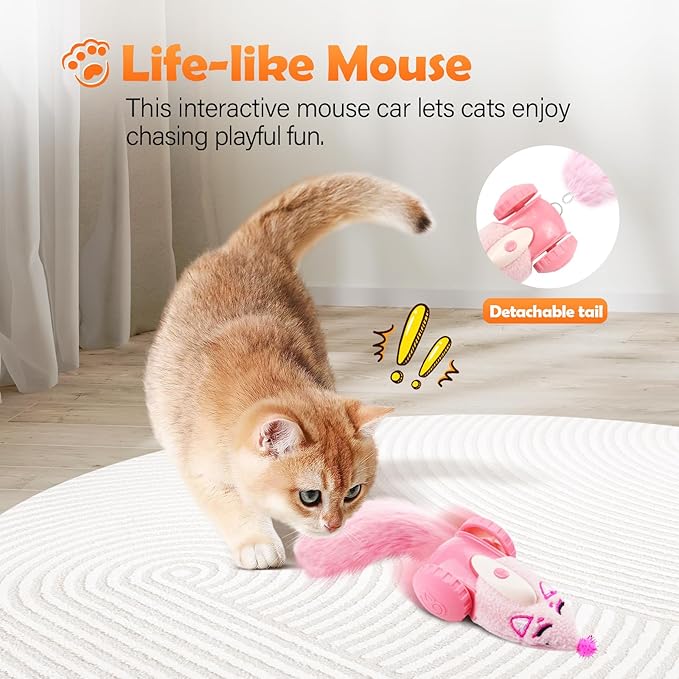 Migipaws Automatic Cat Toys, Plush Cat Mouse Toy, Interactive Toy for Indoor Cats, Smart Moving Kitten Toy, Rechargeable (Pink)