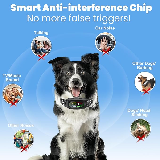 Automatic Dog Bark Collar, Safe Anti Barking Collar with Adjustable Beep Vibration Shock Modes & 9 Sensitivity, IP67 Waterproof Bark Deterrent Device for Large Medium Small Dogs 10-150lbs
