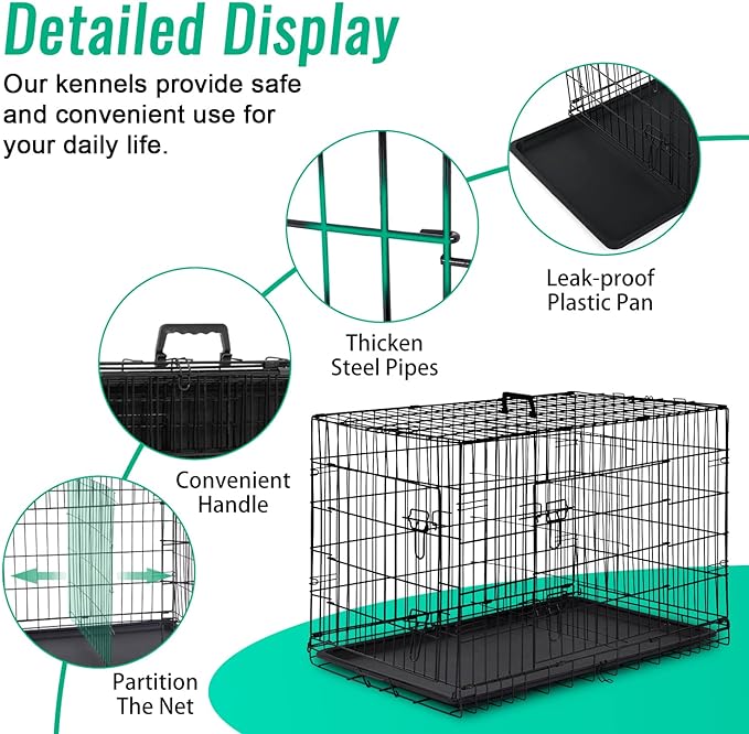 FDW Dog Crate for Large Dogs 42 Inch Folding Metal WirePet Cage Double Door W/Divider Panel Indoor Outdoor Kennel Leak-Proof Plastic Tray,Black
