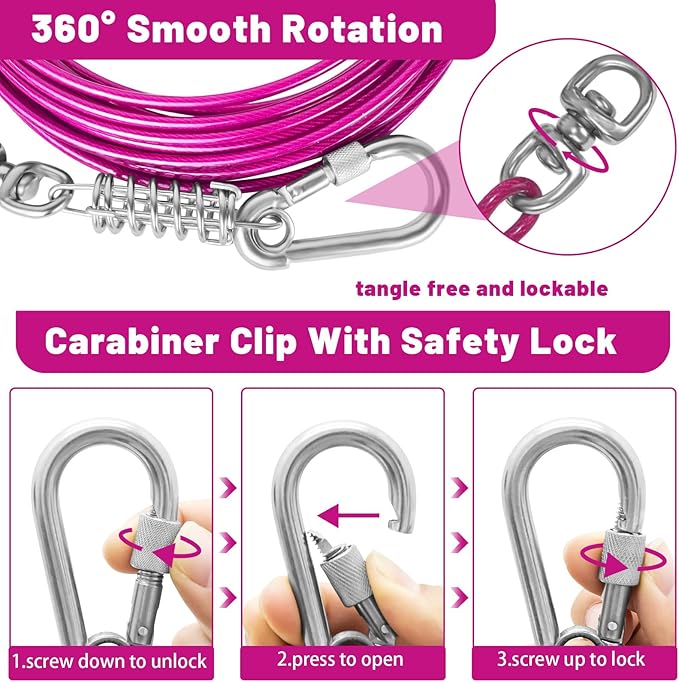 Dog Tie Out Cable - 10/15/20/25/30FT Heavy Duty for Large Dogs Up to 250LBS - Rosy Pink/Blue/Purple/Silver/Red/Green/Yellow