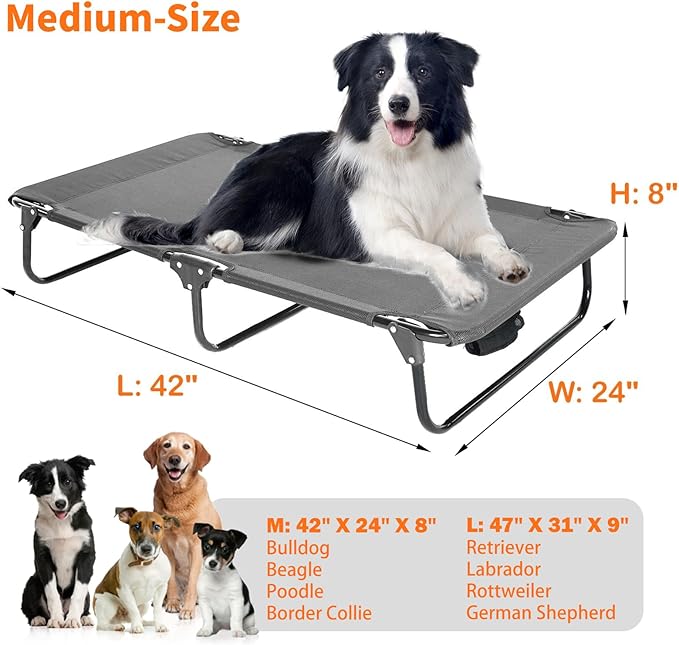 Dog Elevated Bed Foldable Portable Raised Bed Camping cot Outdoor Summer Dog Bed (Medium, Grey-Textilene)