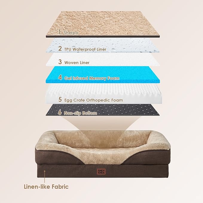 EHEYCIGA Memory Foam XXL Dog Bed for XLarge Sized, Extra Large Orthopedic Dog Sofa with Sides and Waterproof Liner, Washable Bolster Pet Couch with Removable Cover, 52x41x8 Inch, Brown